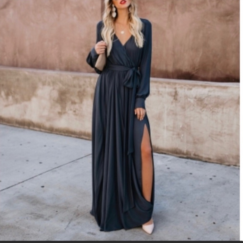 Vici grey long sleeve faux wrap Diana maxi dress
